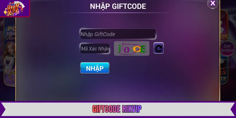 Giftcode Rikvip với giao diện nhập mã đơn giản và hiệu ứng nhận thưởng rực rỡ.